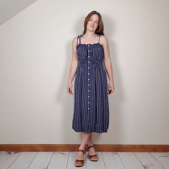 Universal Thread Navy White Striped Smocked Linen Blend Midi Dress W's Large - Picture 1 of 11